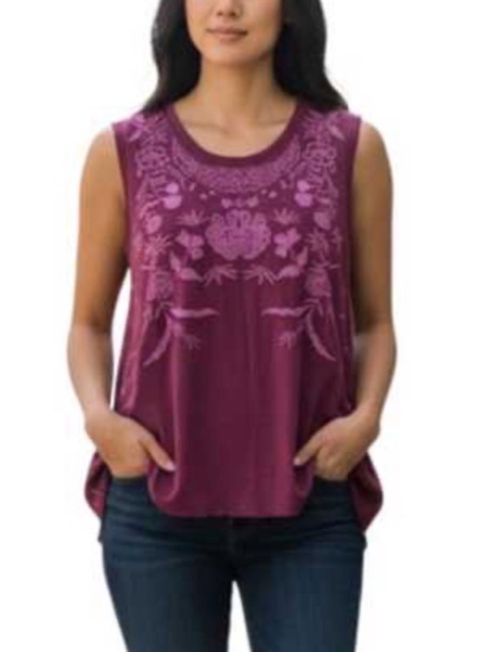 Sundance Embroidered Scoop Neck Linen Tank in Purple